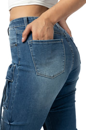 High Rise Cargo Stacked Denim Jeans - Southport Blue