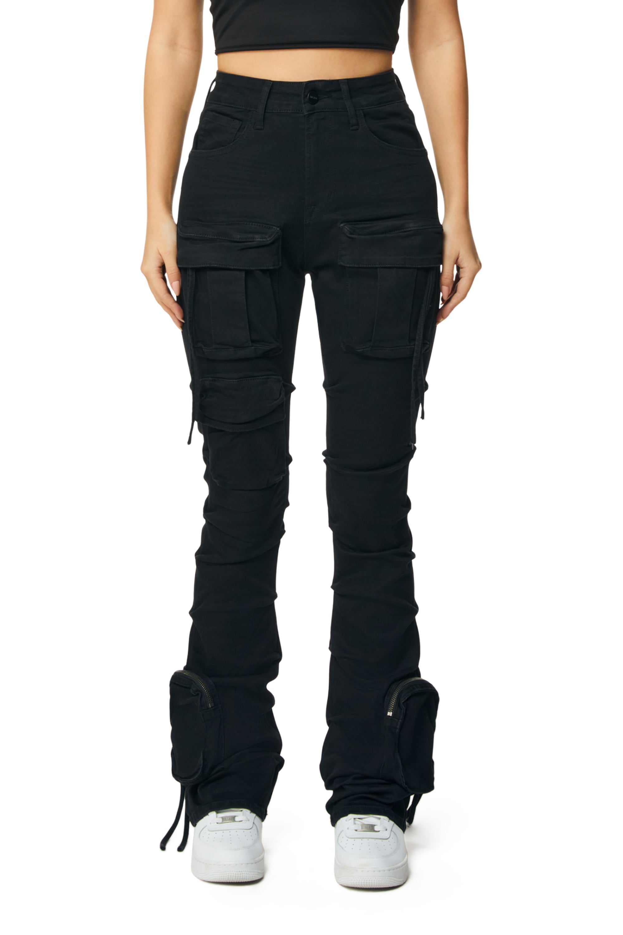 High Rise Cargo Stacked Denim Jeans - Deep Black