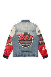 Embroidered Patched Racing Denim Jacket - Beacon Blue