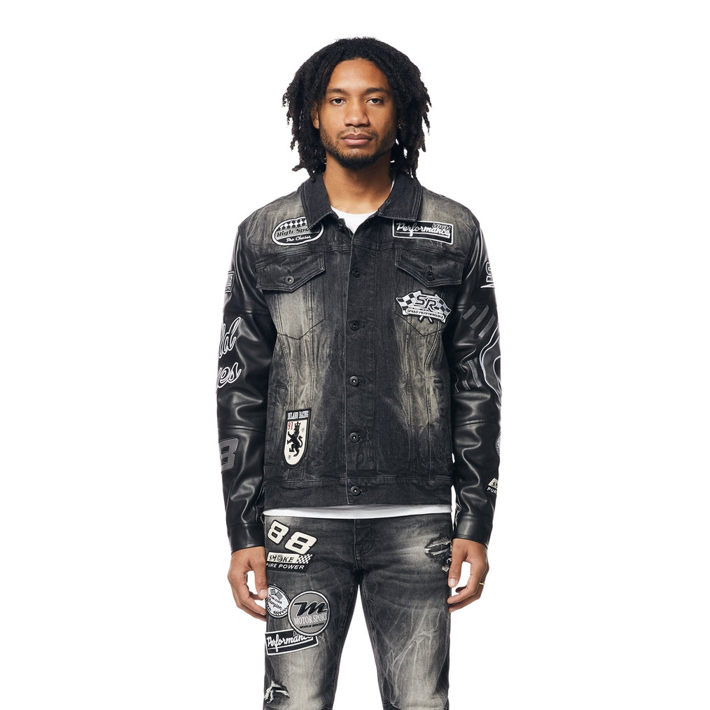 Embroidered Patched Racing Denim Jacket - Moon Black