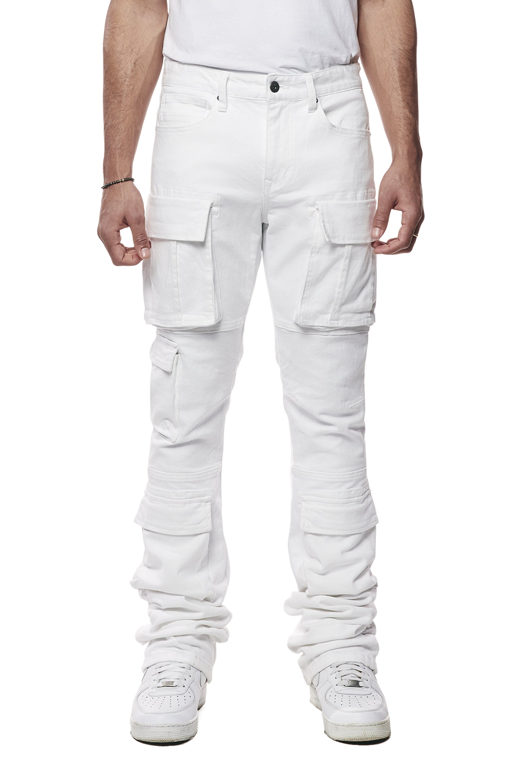 Utility Multi Pocket Stacked Denim Jeans - White