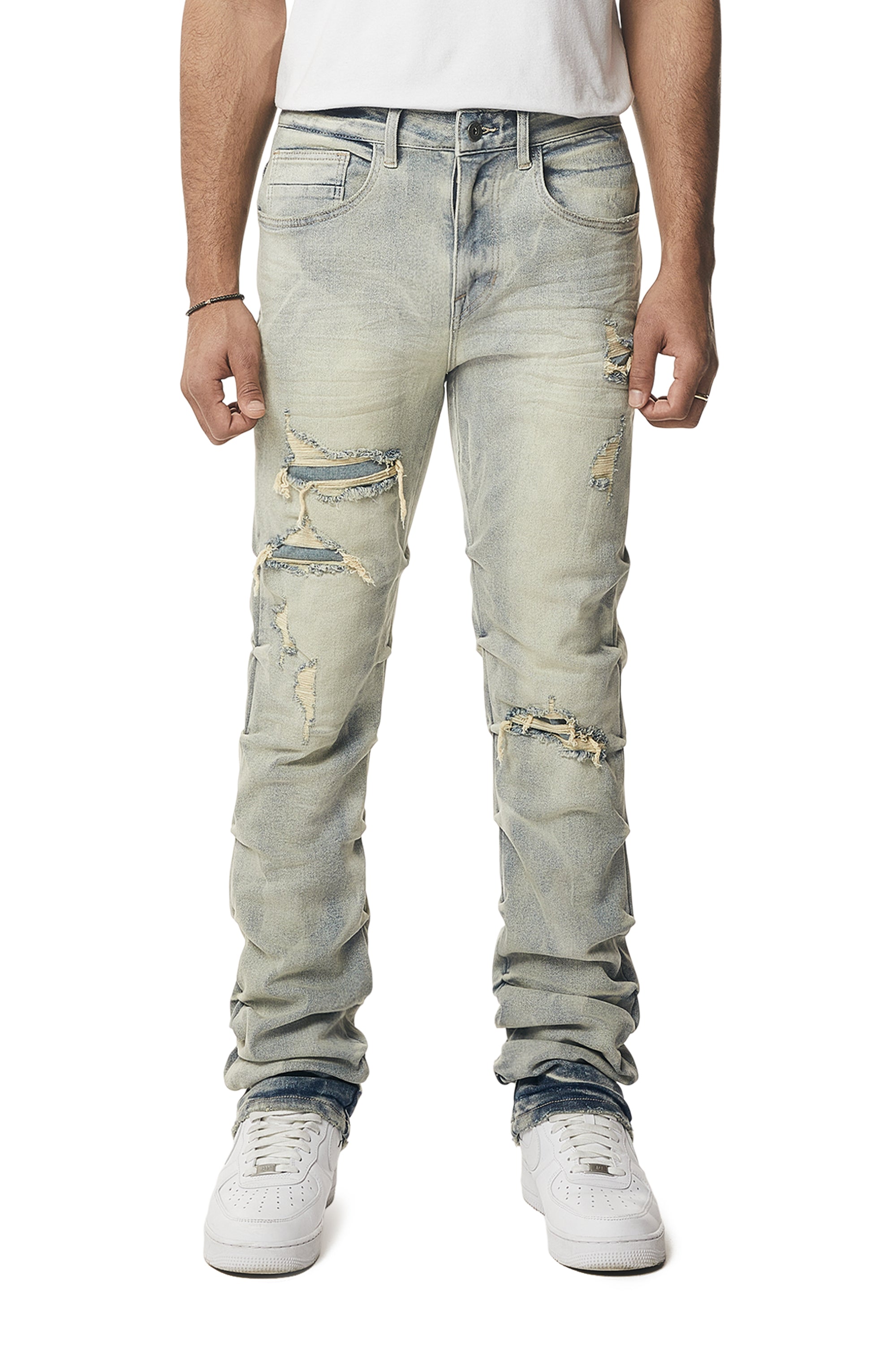 Crinkle Effect Straight Jeans - Industrial Blue