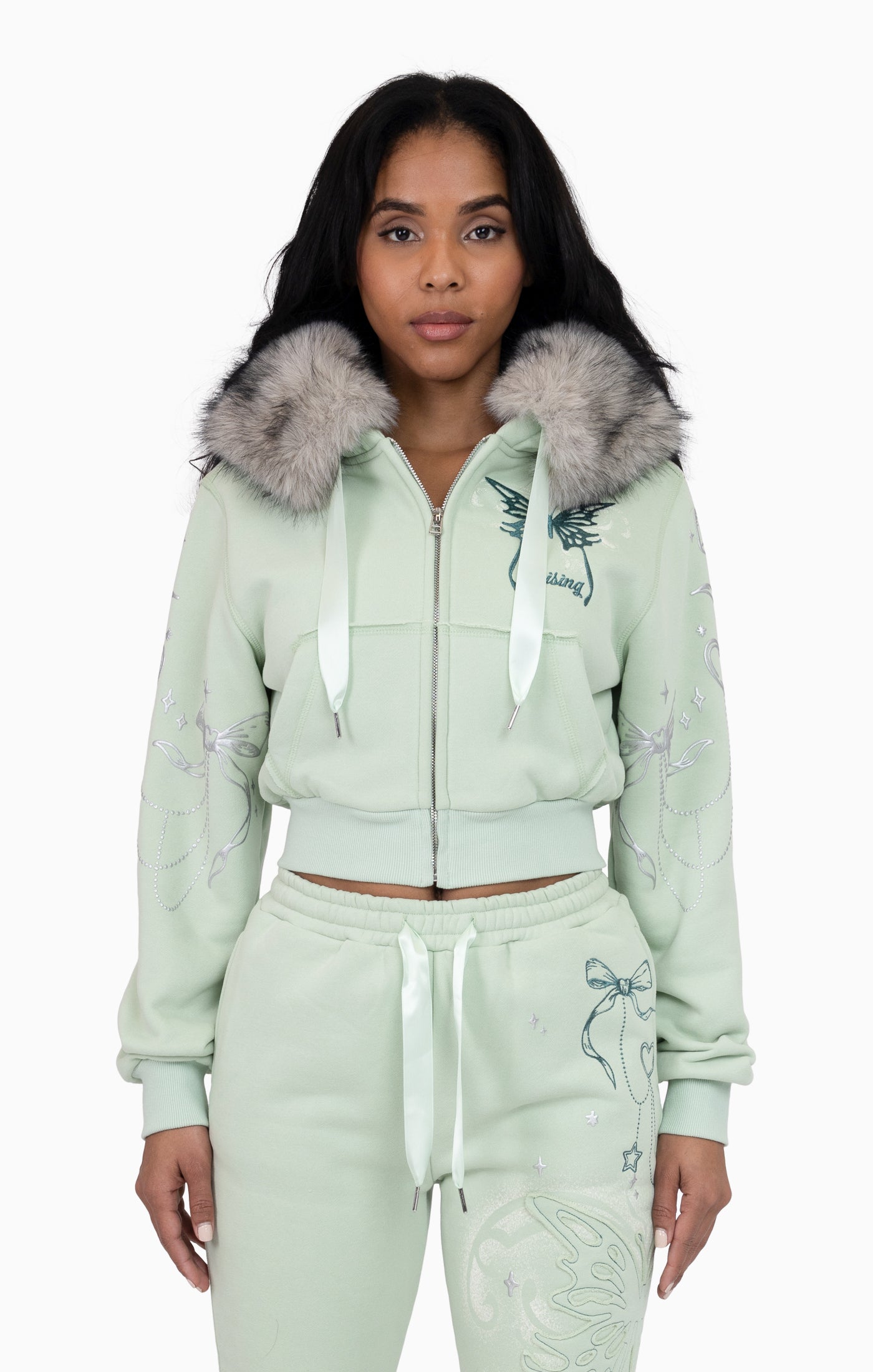 Faux Fur Trim Zip-Up Hoodie - Frosty Green – Smoke Rise NY