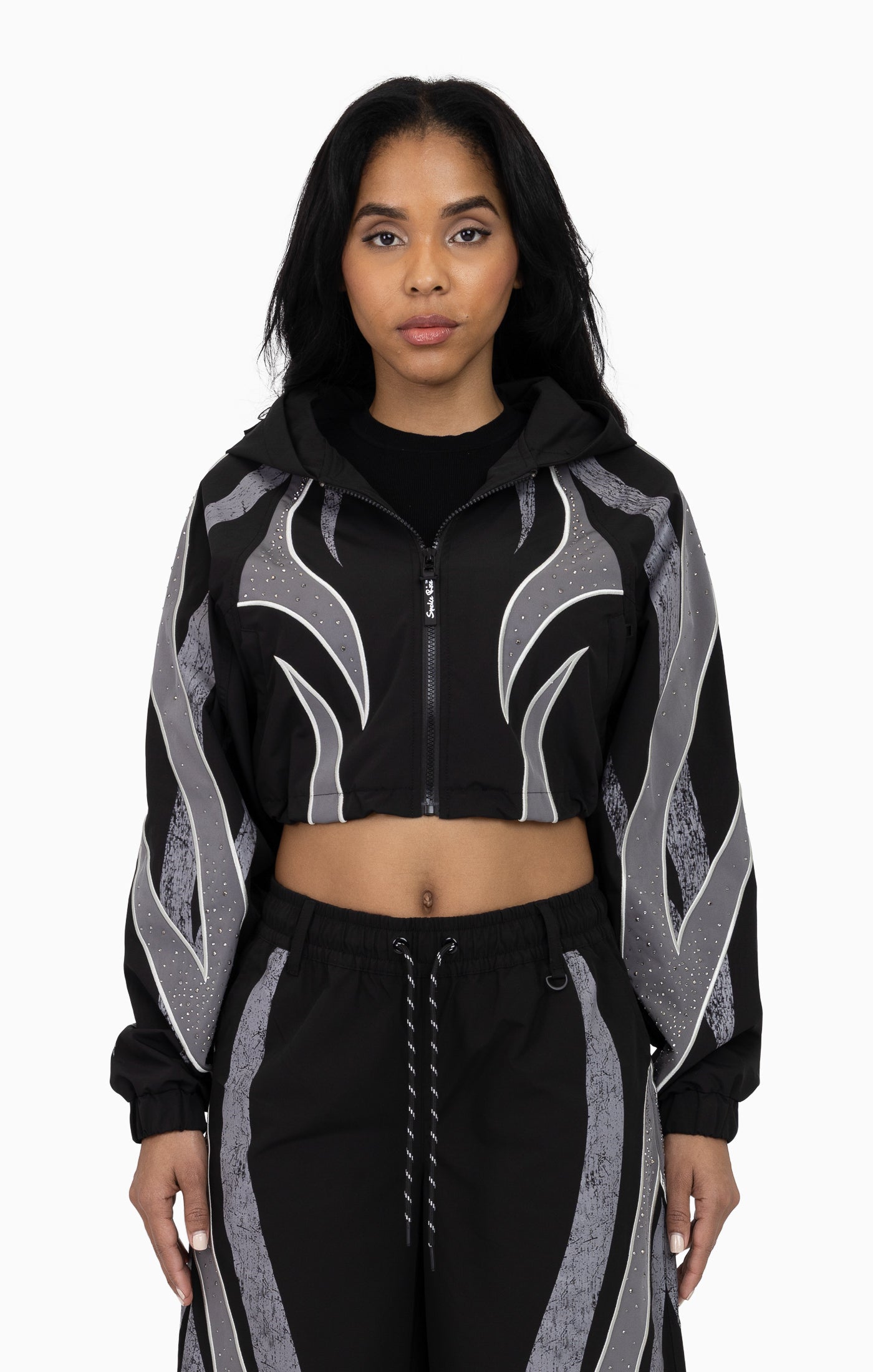 Rhinestone Panel Windbreaker Jacket - Black – Smoke Rise NY