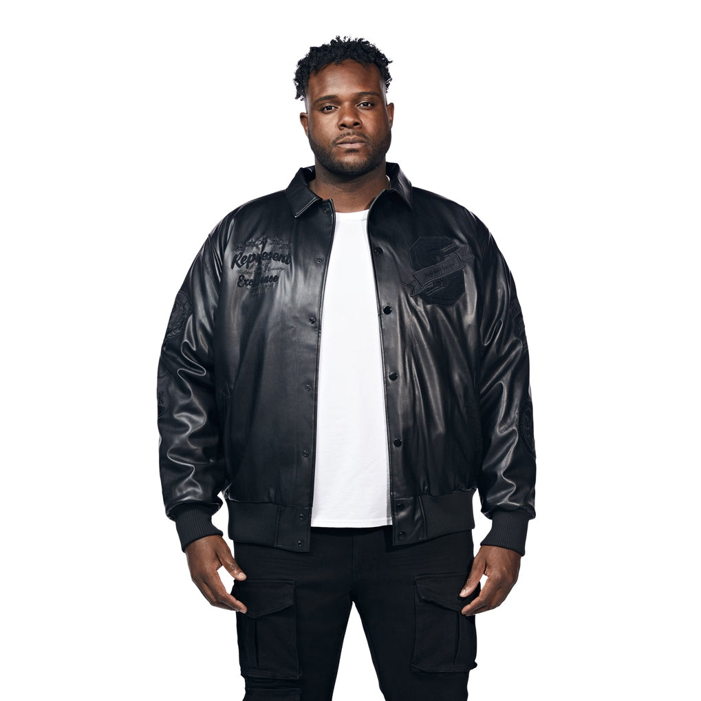 Big And Tall Vegan Leather Varsity Jacket - Black