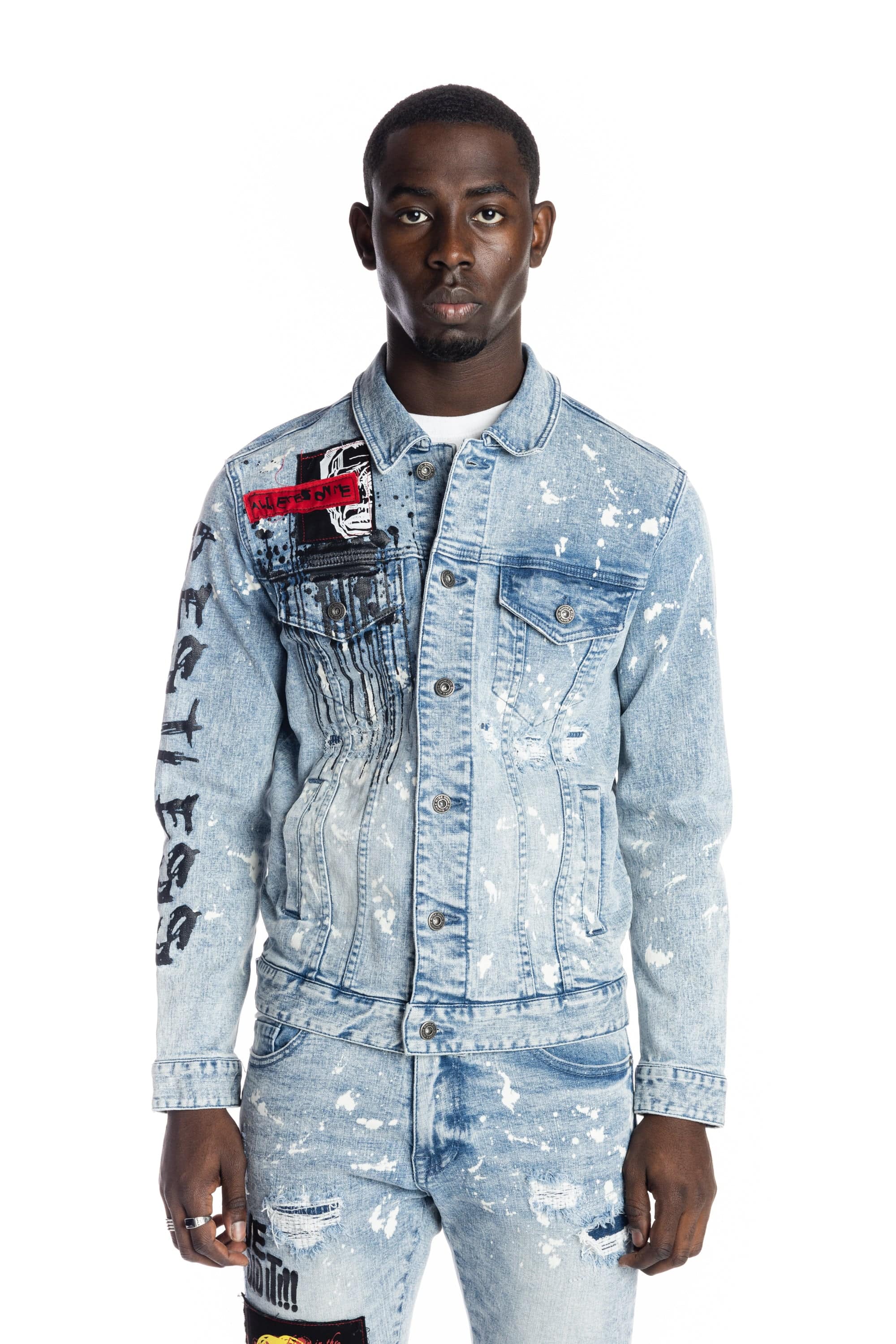 Graphic Patched Fashion Denim Jacket - Mizu Blue