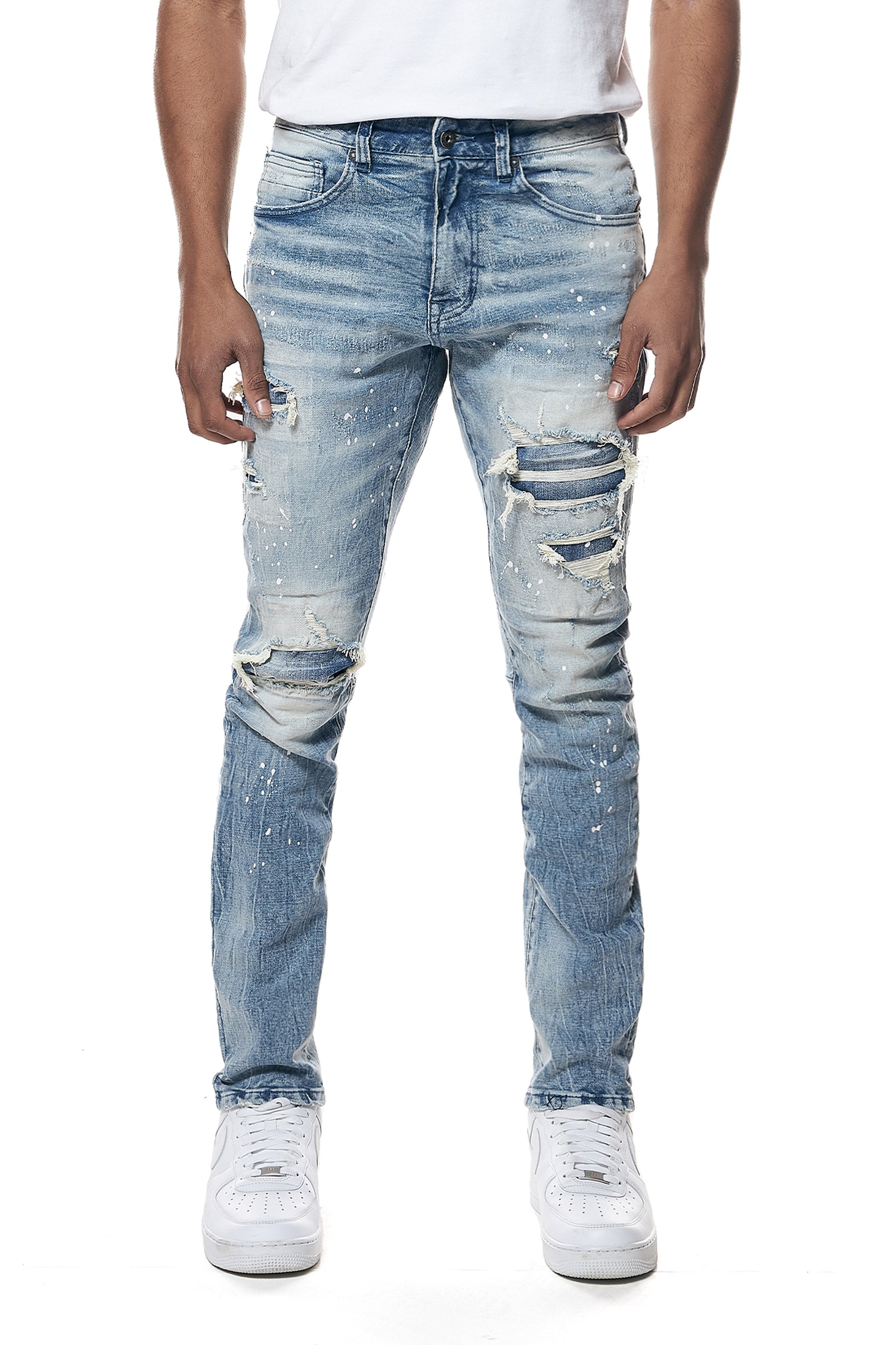 Distressed Rip & Repair Slim Tapered Denim Jeans - Lowell Blue –