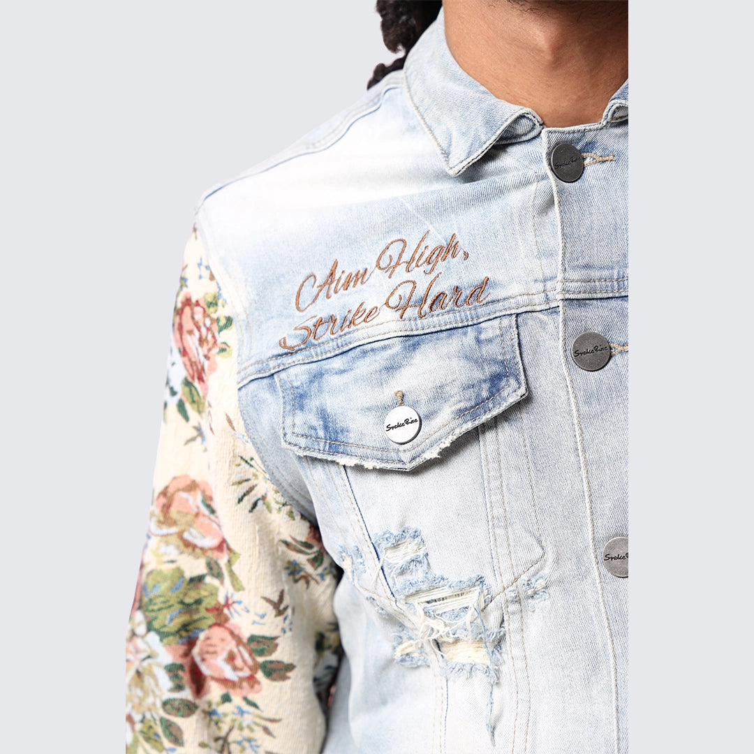 Tapestry Sleeve Denim Jacket - Seville Blue