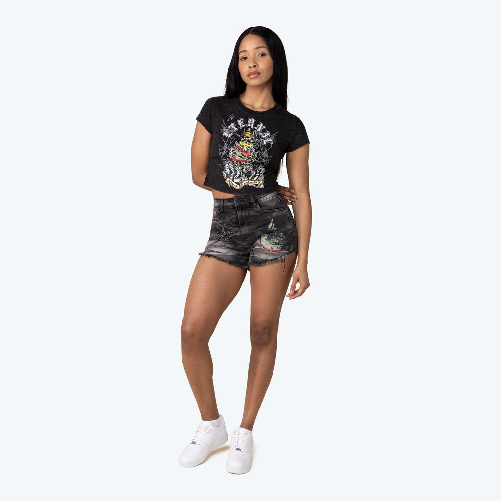 Mid Rise Graphic Jean Shorts - Gail Black