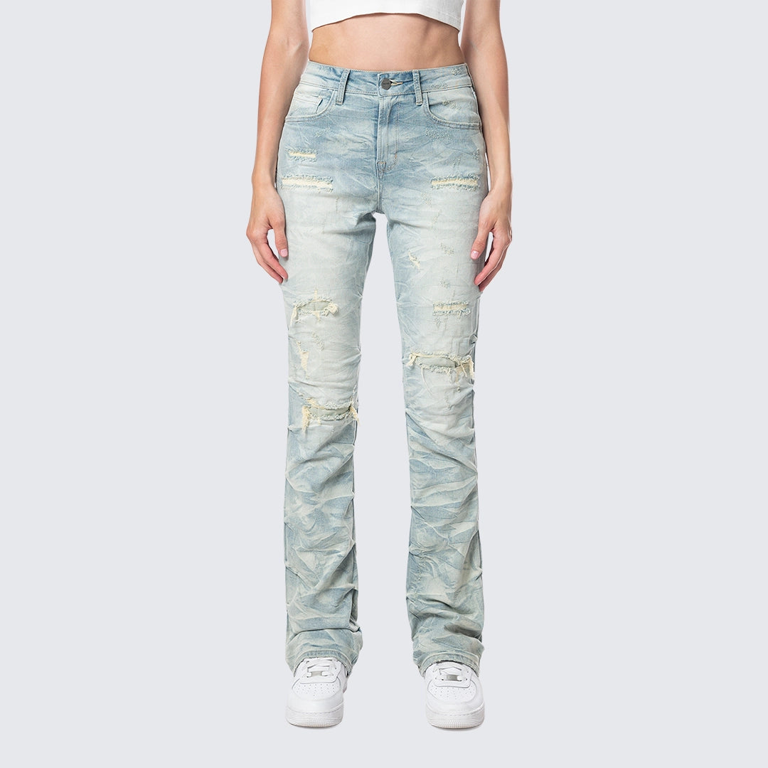 High Rise Bootcut Ripped Stacked Jeans - Seville Blue