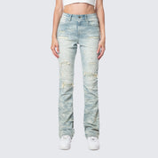 High Rise Bootcut Ripped Stacked Jeans - Seville Blue