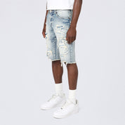 Slim Distressed Rip & Repair Jean Shorts - Rhodes Blue