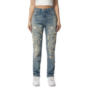 Smoke Rise RED High Rise Rip Off Tapered Denim Jeans - Lisbon Blue