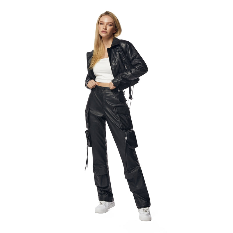 Vegan Leather Utility Cargo Pants - Black