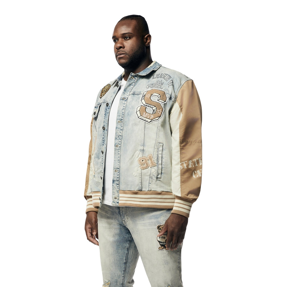 Smoke Rise Big and Tall Big and Tall - Varsity Jean & Windbreaker Trucker Jacket - Beach Blue