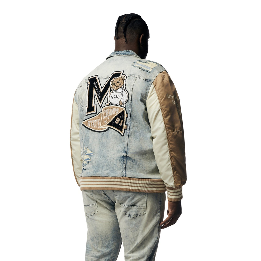 Smoke Rise Big and Tall Big and Tall - Varsity Jean & Windbreaker Trucker Jacket - Beach Blue