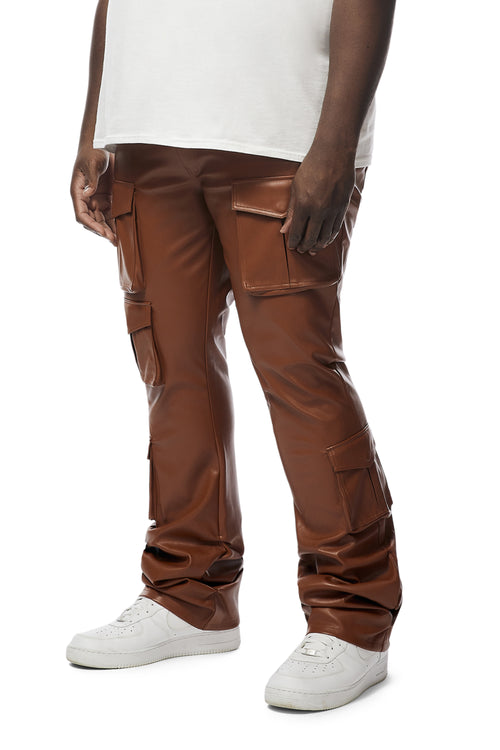 Big And Tall Vegan Leather Stacked Utility Pants - Cognac