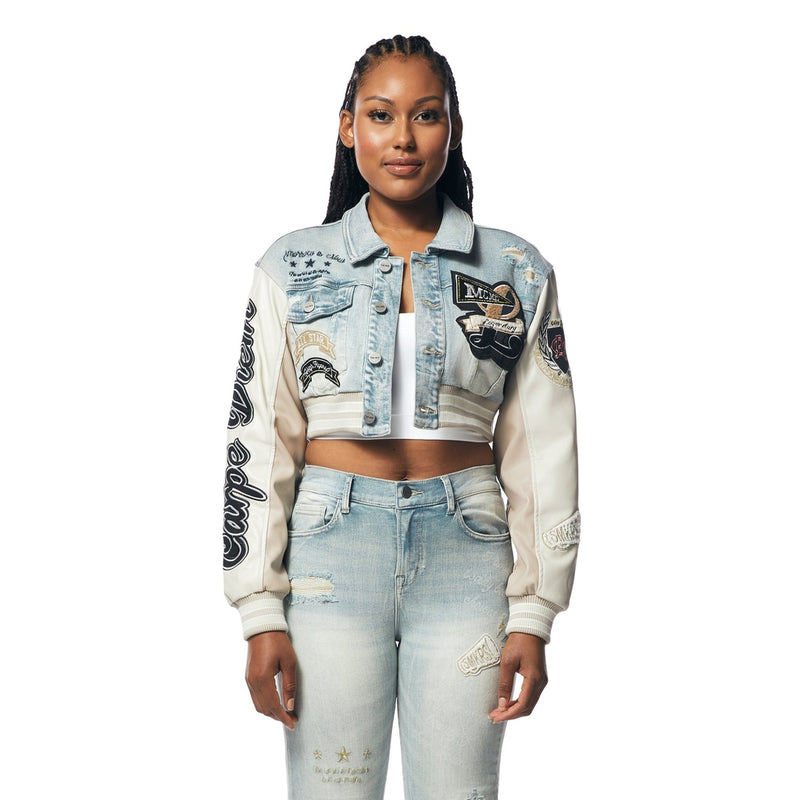 Cropped Denim Varsity Jacket - Elm Blue