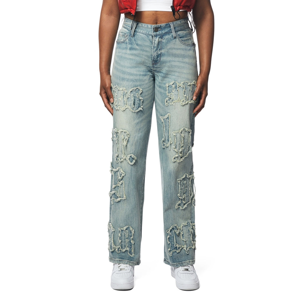 Smoke Rise RED Applique Mid Rise Denim Jeans - Parma Blue