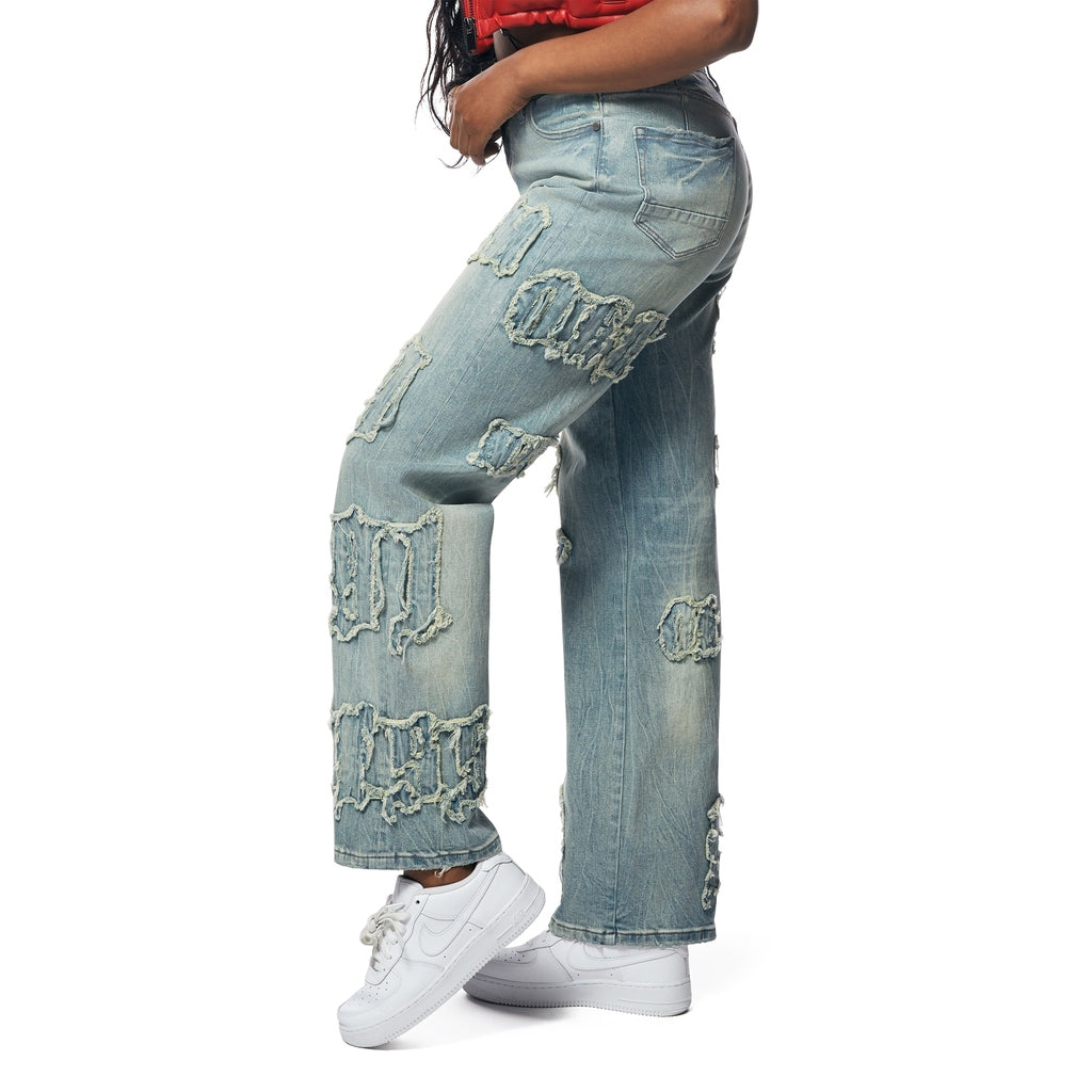 Smoke Rise RED Applique Mid Rise Denim Jeans - Parma Blue