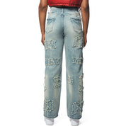Smoke Rise RED Applique Mid Rise Denim Jeans - Parma Blue