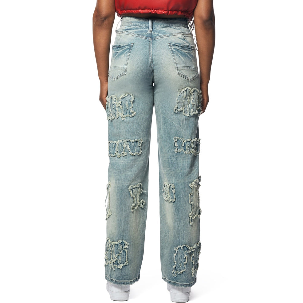 Smoke Rise RED Applique Mid Rise Denim Jeans - Parma Blue