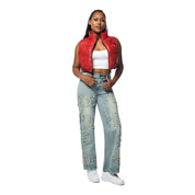 Smoke Rise RED Applique Mid Rise Denim Jeans - Parma Blue