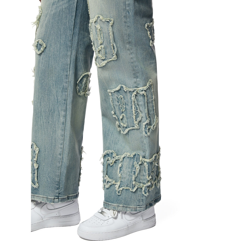 Smoke Rise RED Applique Mid Rise Denim Jeans - Parma Blue