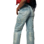 Smoke Rise RED Applique Mid Rise Denim Jeans - Parma Blue