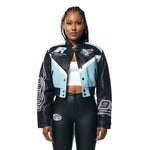 Vegan Leather Racing Bomber Jacket - Blue