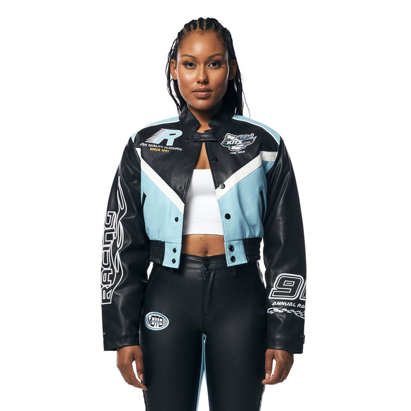 Vegan Leather Racing Bomber Jacket - Blue
