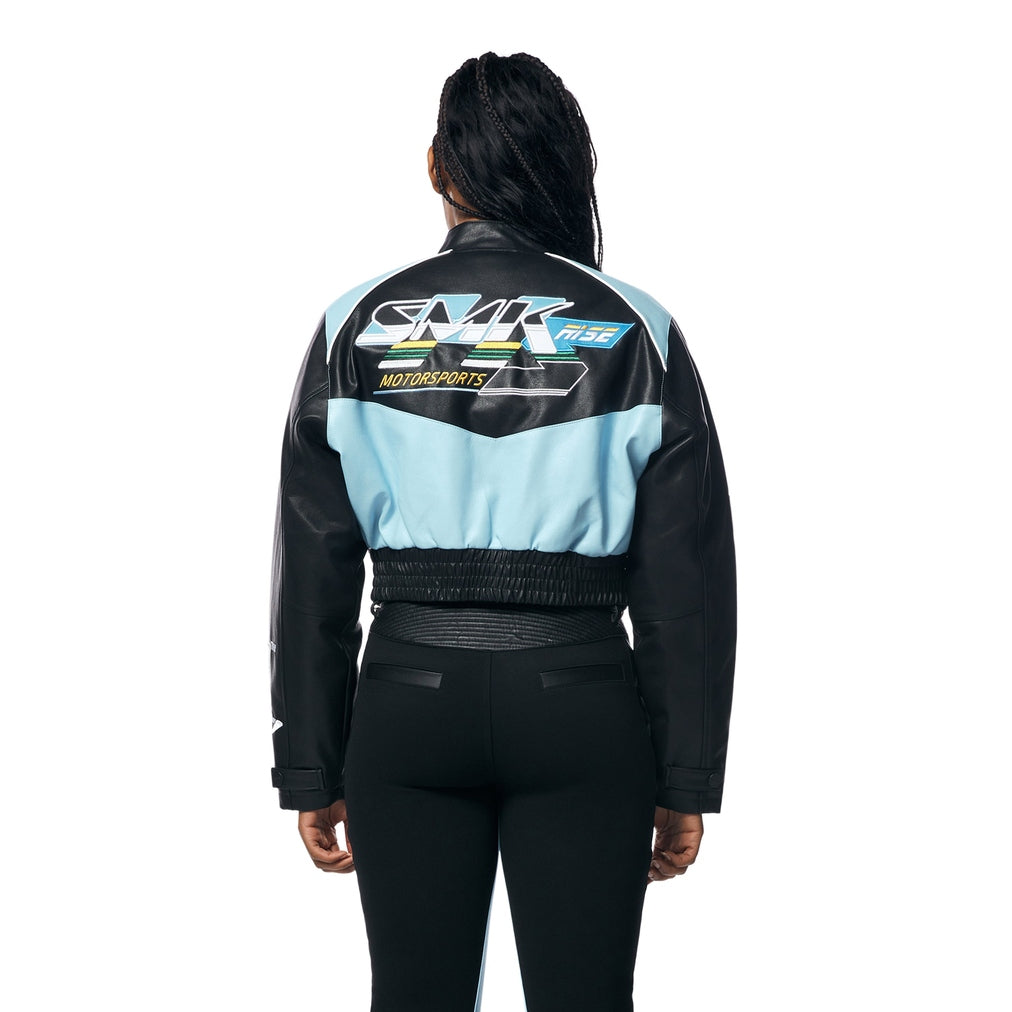 Smoke Rise RED Vegan Leather Racing Bomber Jacket - Blue