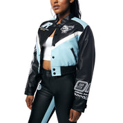 Smoke Rise RED Vegan Leather Racing Bomber Jacket - Blue