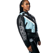 Smoke Rise RED Vegan Leather Racing Bomber Jacket - Blue
