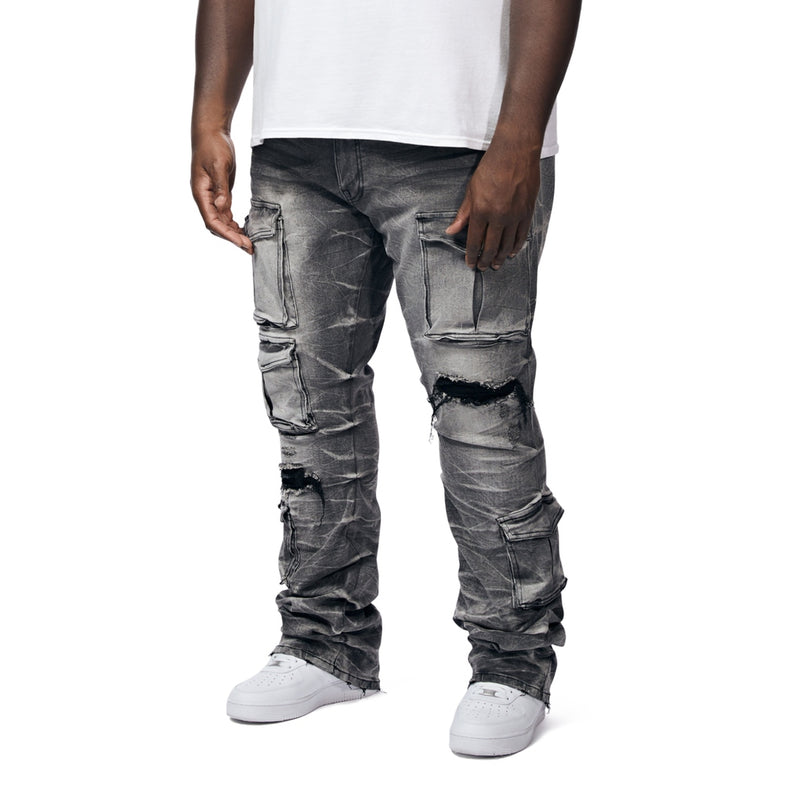 Big And Tall Utility Pocket Stacked Denim Jeans - Pluto Grey