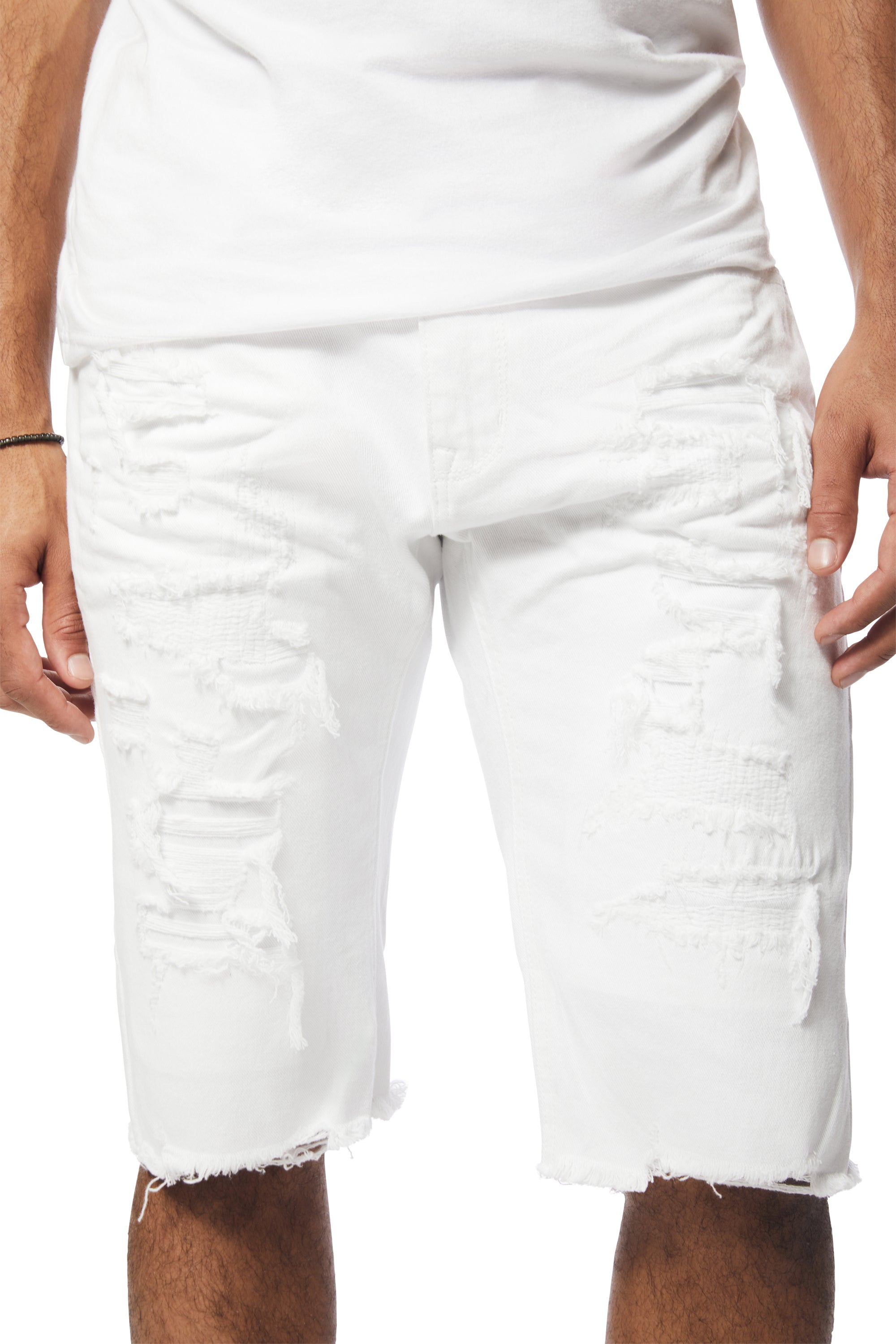 12" Slim Distressed Rip & Repair Jean Shorts - White