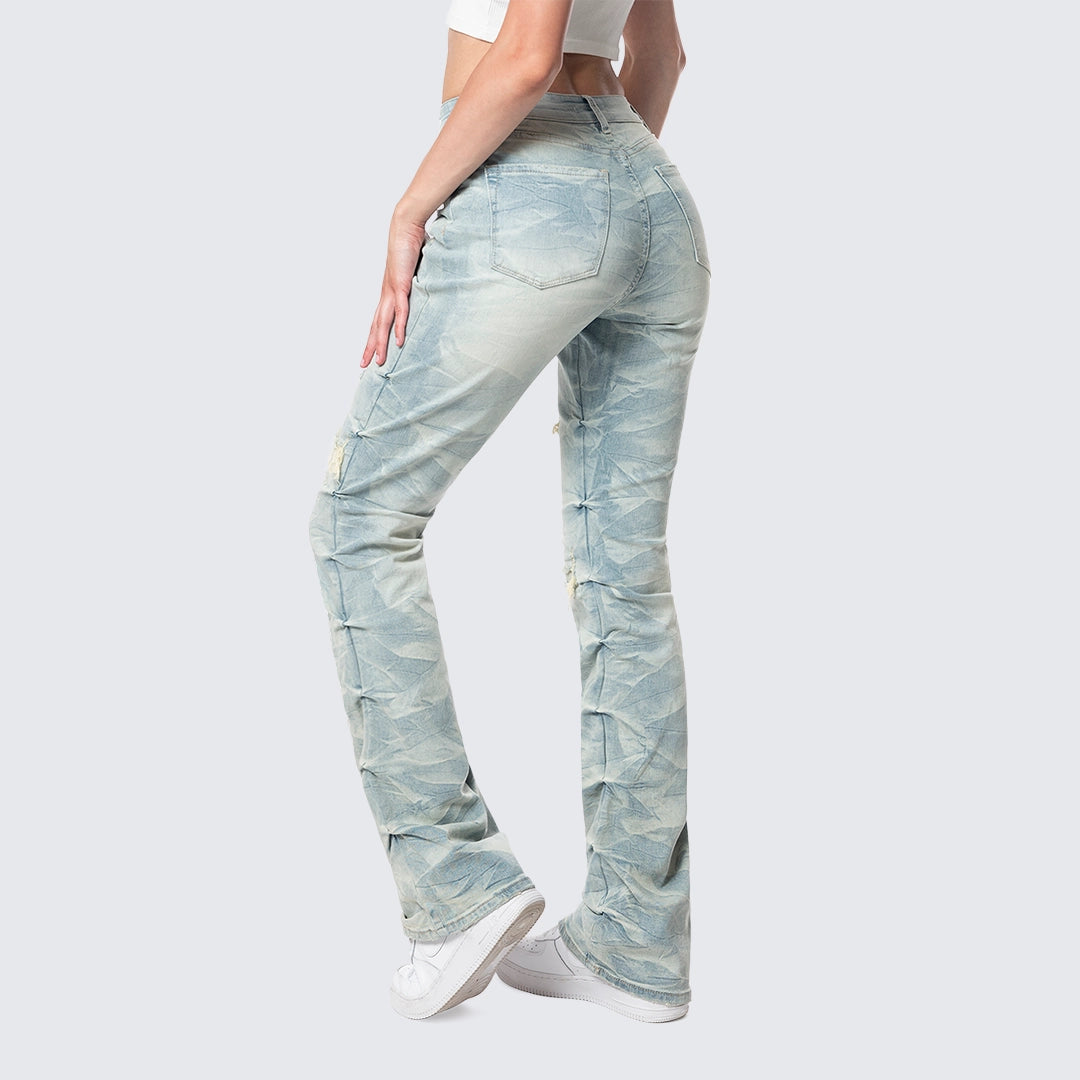 High Rise Bootcut Ripped Stacked Jeans - Seville Blue