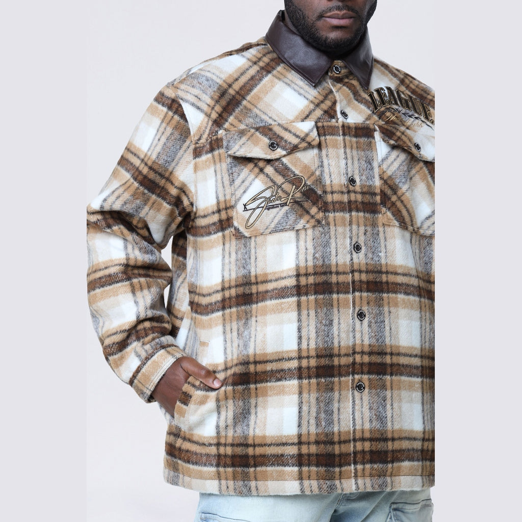 Smoke Rise Big and Tall Big and Tall - Vegan Leather Collar Plaid Shacket - Maple