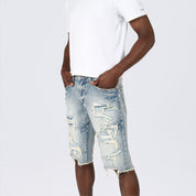 Slim Distressed Rip & Repair Jean Shorts - Rhodes Blue