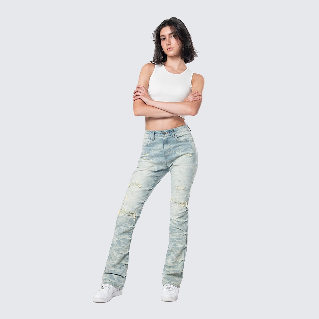 High Rise Bootcut Ripped Stacked Jeans - Seville Blue