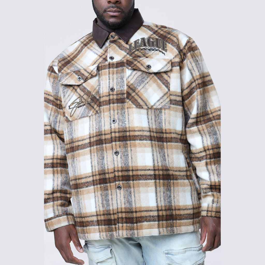 Smoke Rise Big and Tall Big and Tall - Vegan Leather Collar Plaid Shacket - Maple