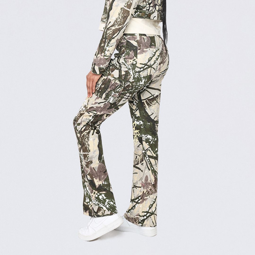 High Rise Stacked Dystopia Printed Cargo Twill Pants