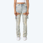 High Rise Stacked Cut Out Jeans - Seville Blue