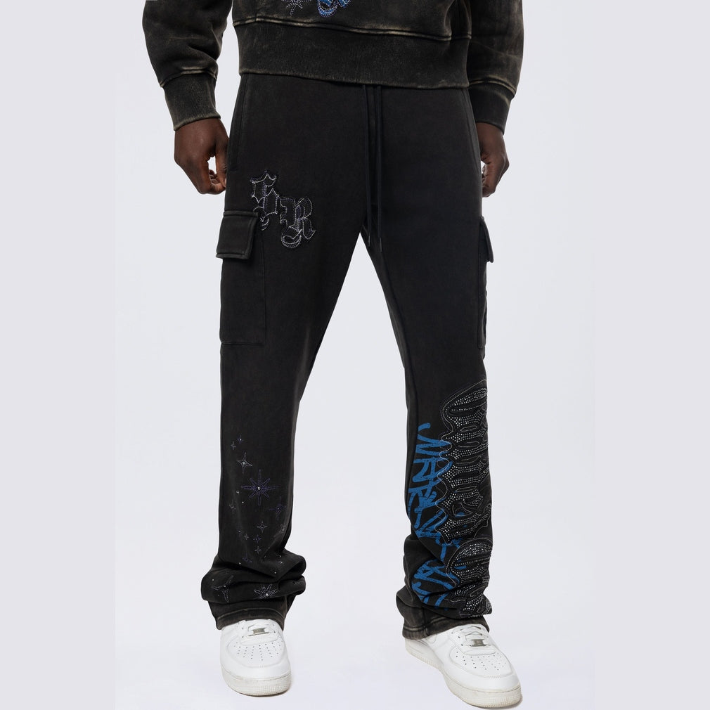 Smoke Rise Stacked Rhinestone Dystopia Fleece Pants - Black