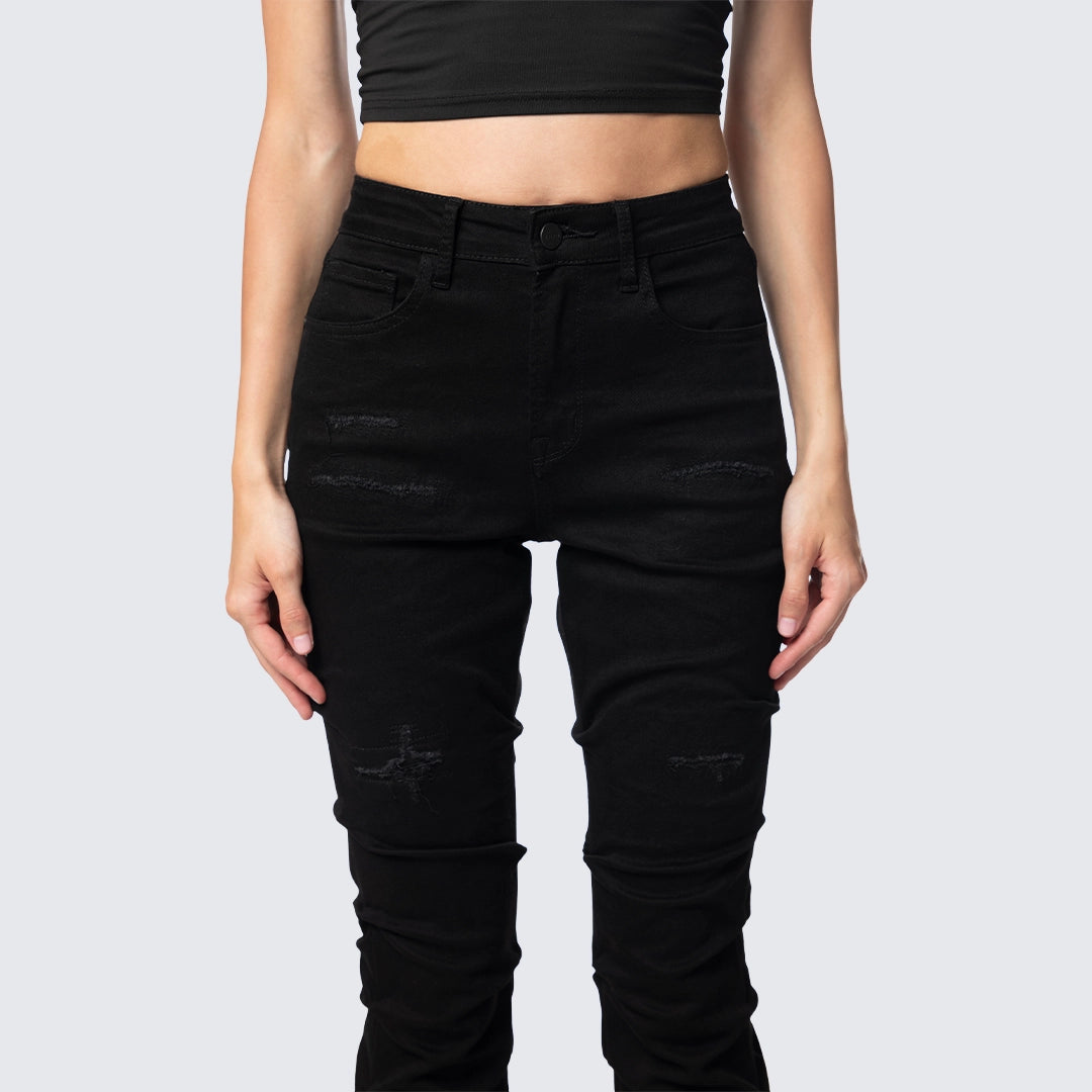 High Rise Bootcut Ripped Stacked Jeans - Deep Black