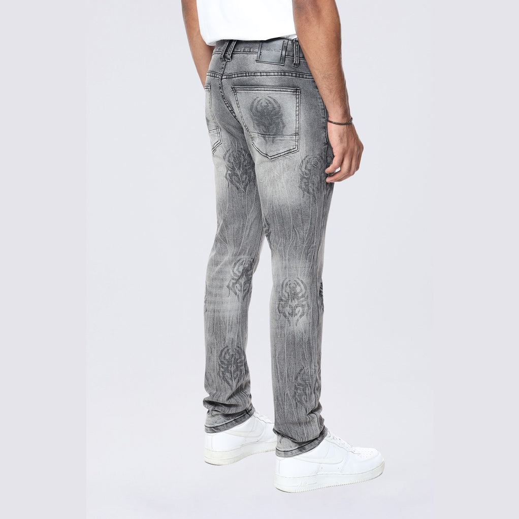 Smoke Rise Slim Spider Rhinestone Jeans - Pluto Grey