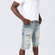 Slim Distressed Rip & Repair Jean Shorts - Rhodes Blue