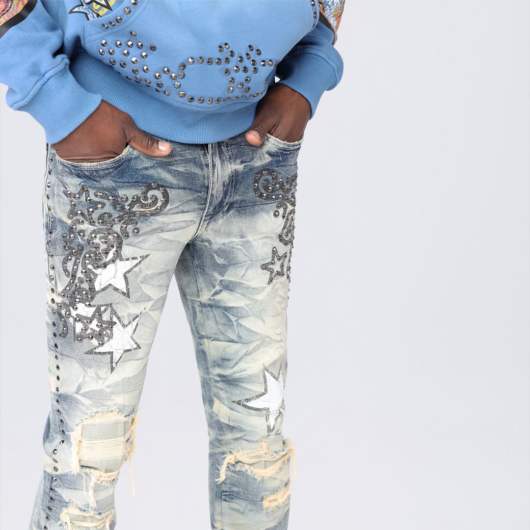 Stacked Flared Maximalist Studded R&R Jeans