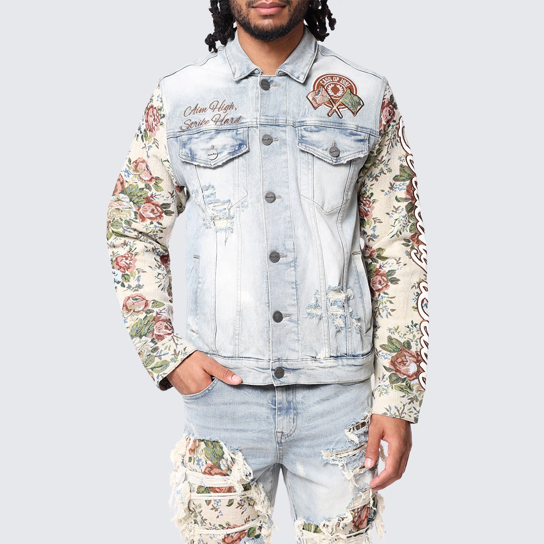 Tapestry Sleeve Denim Jacket - Seville Blue