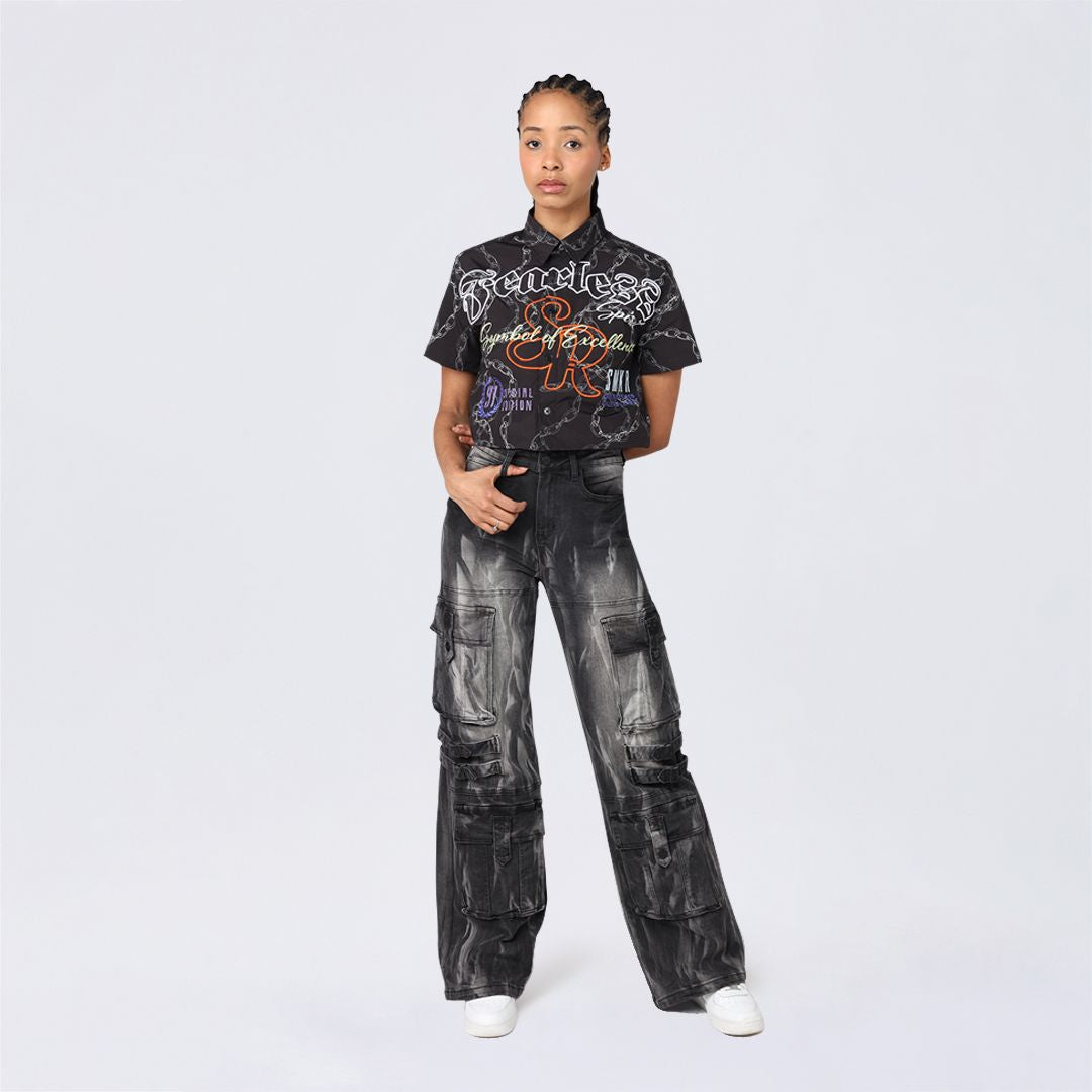 High Rise Wide Leg Mult Pocket Jeans